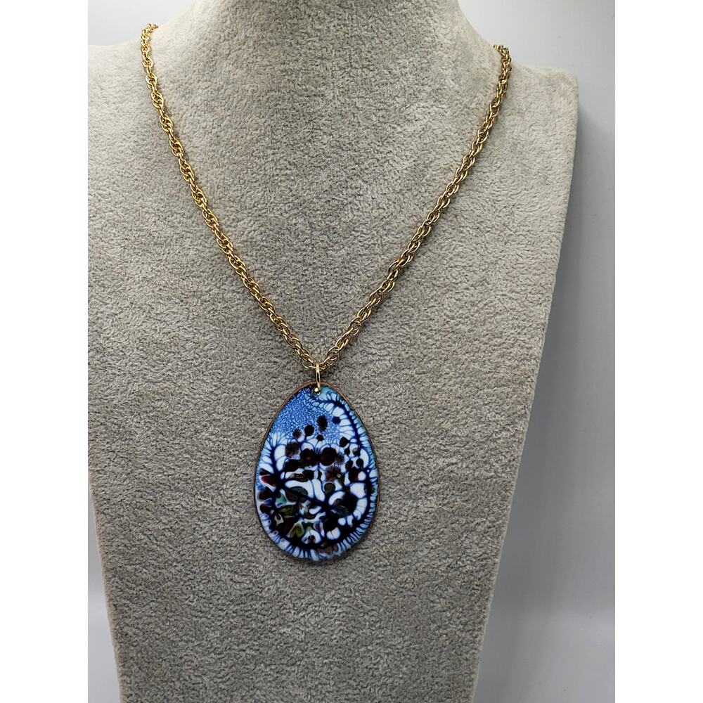 Vintage Blue Enamel Copper Teardrop Pendant Necklace Artisan Style
